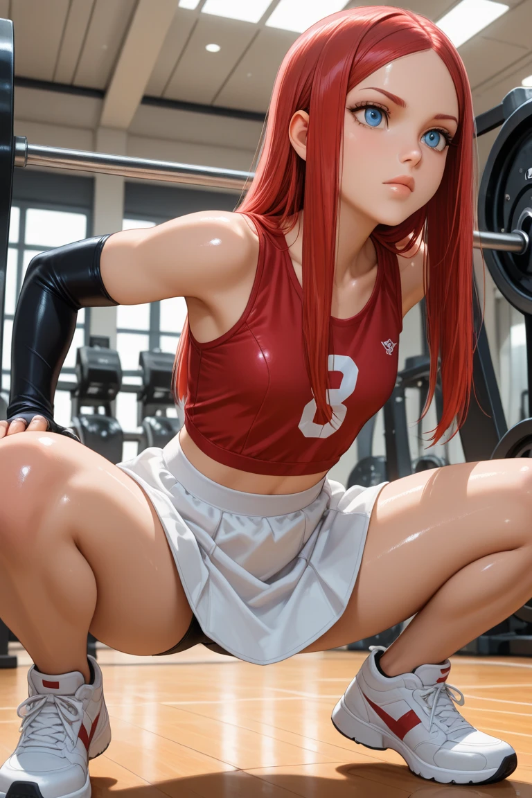 ((Erza Scarlet)), ((descomunal tits)), (front squat)), ((Corinthians jersey)), ((perfect body)), ((high quality)), ((best quality)), ((at the gym)), ((gym body)), ((perfect legs)), ((big ass)), ((detailed)), ((best quality)), ((garter belt)), ((alone)).
