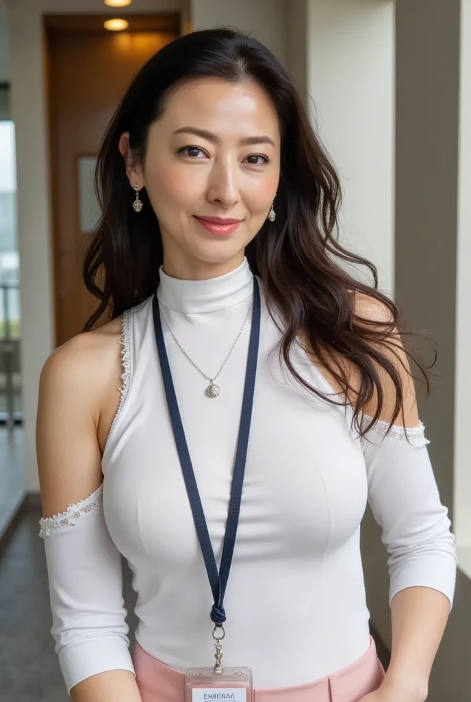 Best Quality, hight resolution, Hires, Skin definition, Detailed skin, Detailed eyes, Detailed face, 4K, 日本人A MILF, ((独奏)), (((50 years old))), (Wrinkles at the corners of the eyes:1.5), (nasolabial folds:1.5), A MILF, glamor, A sexy, Chromo-white skin, ((Wavy Longhair)), Looking at Viewer,(((Aging skin:1.5))), ((loose muscles:1.5)), (((A slender))), (((Very large breasts:1.28))), Cleavage:0.6, ((Saggy udder)), (Saggy buttocks), ((Japanese Models)), 4K, (photoRealistic:1.5), Realistic, nffsw, Beautiful, Bimbo, Perfect makeup, small diamond necklace, piercings, ((Leather jacket, onepiece)), ssmile, Public places,