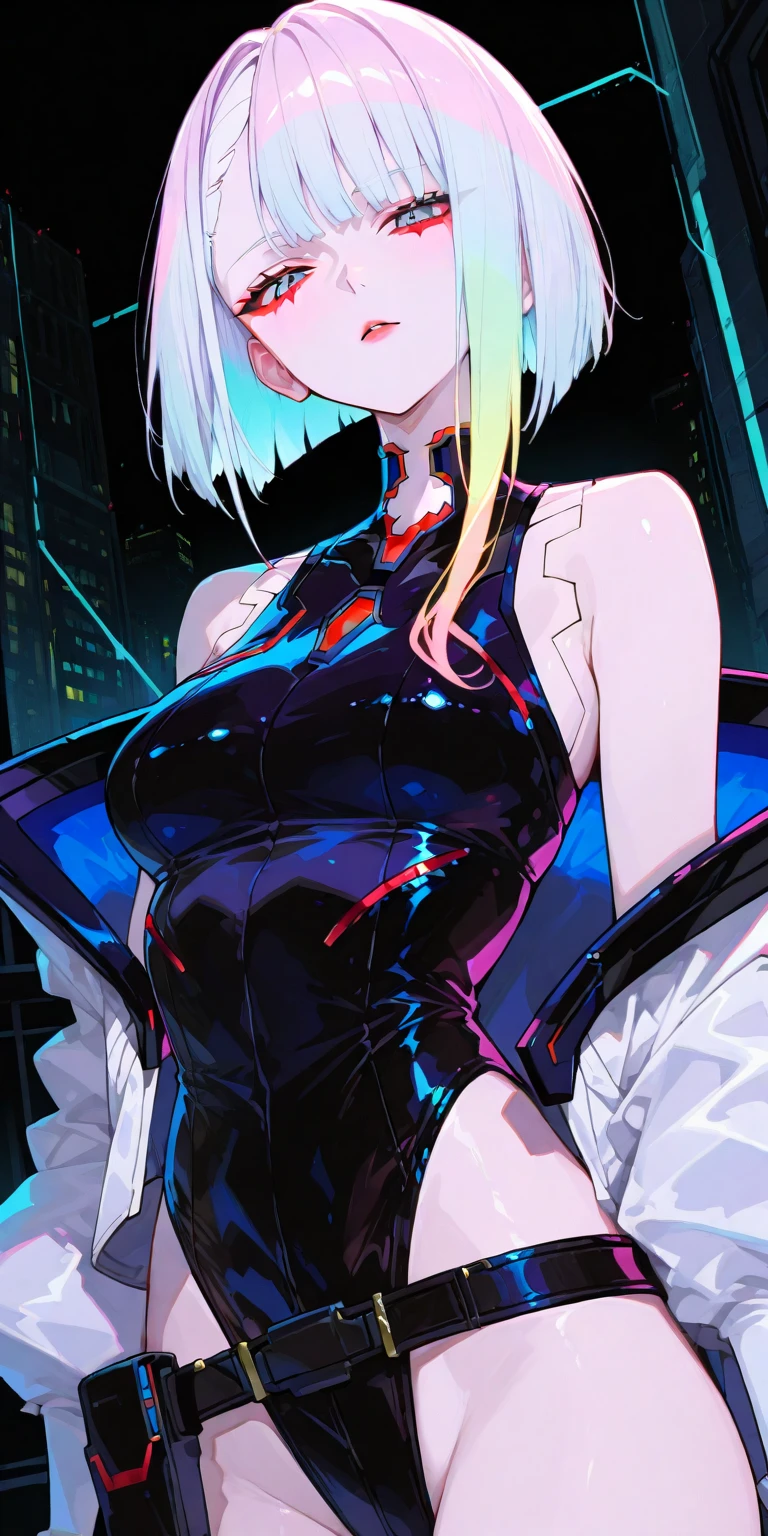 1girl, official art, absurdres, best quality, perfect anatomy, newest, new, blue archive, kazusa \(bluearchive\), virtual glowing translucent holographic wireframe of a web of polygons making up a catgirl, black background, beach background, abstract polygon fractals, web of polygons