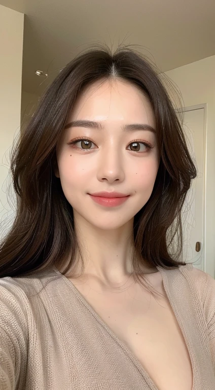((highest quality, 8k, masterpiece: 1.3)), 1 female, Japanese Mature,Sensual beauty: 1.3, (Hair style Brown hair Medium wave, big: 1.2), Very loose loungewear: 1.2, Super slender face, Delicate eyes, double eyelid, Dimples,Mole, Home,relax,smile,Brown Eyes,