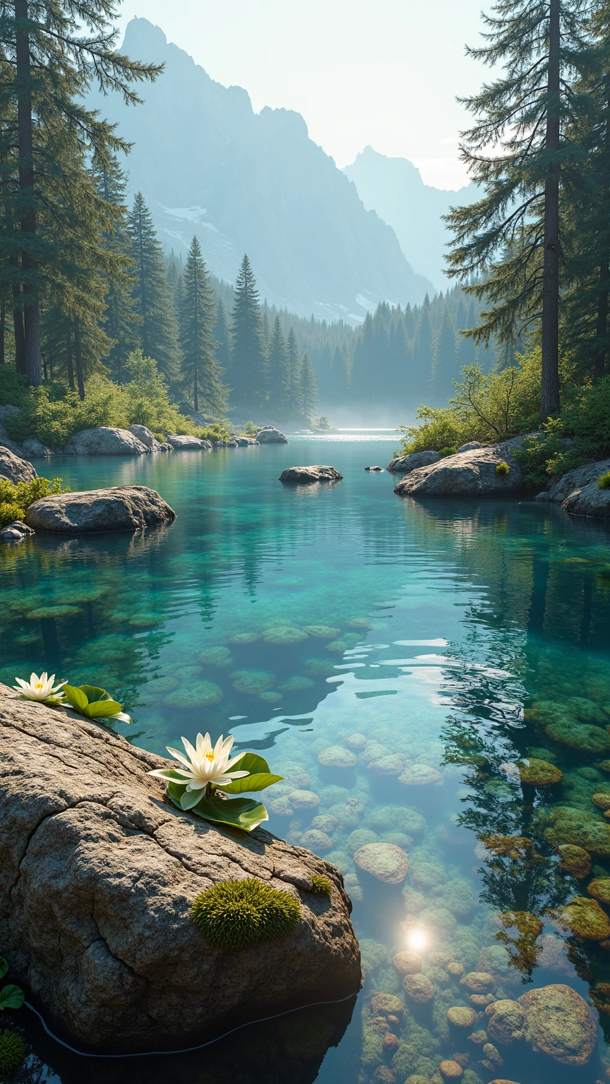 A pristine alpine lake nestled within a dense forest of towering evergreen pines and firs, its crystal-clear turquoise waters mirror the lush canopy and the jagged silhouettes of distant mist-shrouded mountains; partially submerged moss-covered boulders, clusters of delicate white water lilies afloat on the surface, and glimpses of colorful river pebbles visible beneath the transparent depths, rendered in hyper-realistic micro-detail; fine ripples radiate outward from raindrops, refracting sunlight into tiny prismatic bursts, while ambient mist motes drift above the water catching stray illumination; captured as an ultra-high-definition 8K digital painting medium; style cinematic photorealistic with emphasis on water surface tension, bark textures and leaf veining; composition framed in a wide-angle full-frame 16:9 horizontal aspect ratio with a centered reflection axis at the calm waterline and a slight low-angle perspective to emphasize depth; lighting soft early-morning diffuse sunlight filtering through a forest mist and canopy, producing ethereal volumetric light shafts, subtle specular highlights dancing across ripples and dewy foliage, rim lighting outlining tree branches and lily petals, and warm amber glints on wet stones; color palette dominated by vibrant emerald greens of pine needles and ferns, clear cerulean blues of water, warm golden-yellow highlights of sunlit reflections and muted slate-blue mountain haze; lens effects include delicate chromatic aberration at image edges, shallow depth-of-field softly blurring distant treetops and peaks, and lens flares at bright glare points; textures of cracked bark, chipped stone and moss fibers are meticulously detailed, with micro-water droplets clinging to needle tips; mood tranquil, meditative and rejuvenating, evoking serene unity with unspoiled wilderness and a sense of peaceful solitude.