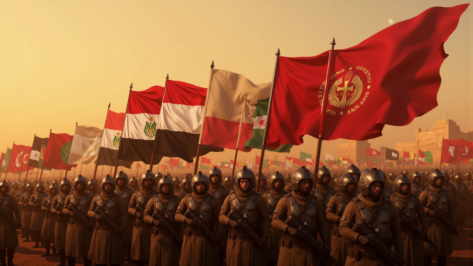 Flag of Egypt and Horde Muslim troops with colored turbans
