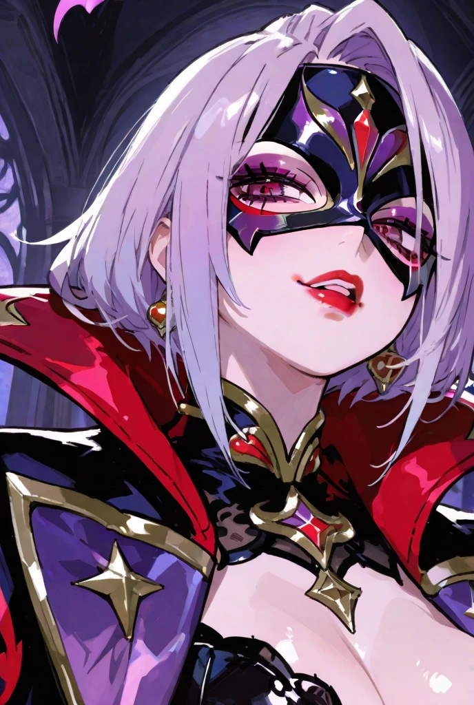 carmilla, medium breasts, black dress. by white, beautiful face, blue eyes, (masterpiece1.2), Best Quality, absurdities, High resolution, extremely detailed wallpaper, perfect lighting, from below, blue eyes, castillo, view of the castle, outdoors, de evening, evening, at night, ((silver mask))