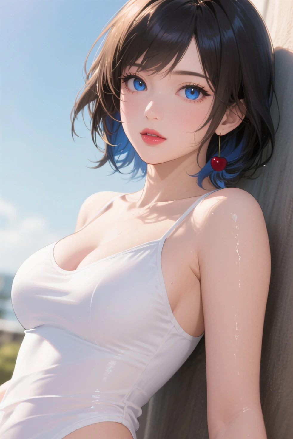 there is a woman with blue hair posing on the beach, photorealistic anime girl render, smooth anime cg art, seductive anime girl, realistic bikini, realistic anime 3 d style, beautiful alluring anime woman, 3 d anime realistic, hyper realistic anime, rendered in sfm, anime styled 3d, 8k octae render photo, anime highly detailed, Awesome, Viewer, reality,full body in shot,on knees, squat down, Brunette Hair, long long hair, Thorough, tall,Forced real water,White less cloth transparent minishirt,White transparent thong,seaside,