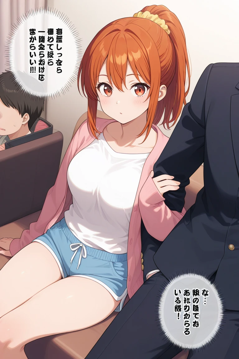 masterpiece, best quality,<lora:92mXL_ANI31_lokr_V4304:0.95> pink-framed eyewear, 1boy, 1girl, breasts, shirt, white shirt, short hair, closed eyes, glasses, red hair, large breasts, blush, brown pants, ahoge, brother and sister, pants, closed mouth, faceless male, sitting, faceless, short sleeves, brown jacket, siblings, black hair, smile, train interior, sleeping, brown shirt, semi-rimless eyewear, red-framed eyewear
