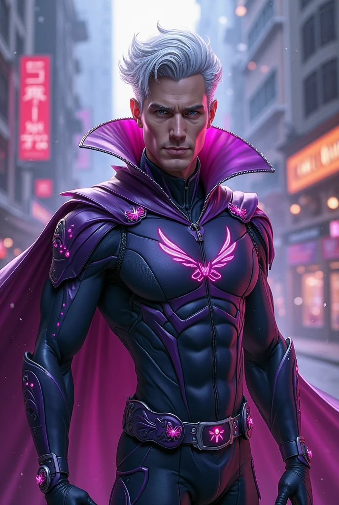 Portrait, Gambit X-men from Marvel, biomechanical, complex robot, full growth, hyper-realistic, insane small details, extremely clean lines, cyberpunk aesthetic, masterpiece featured at Zbrush Central, gothic brutalist cathedral, cyberpunk, award-winning photo, bokeh, neon lights, cybernetic limb