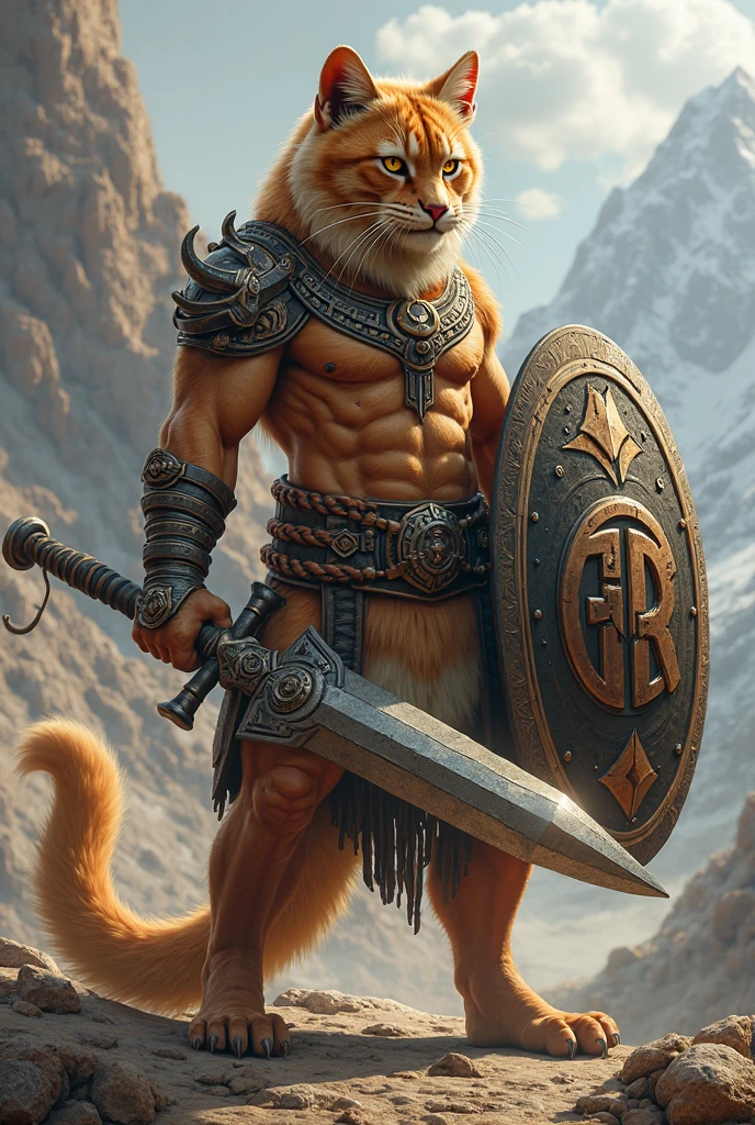 I want you to make an image of a humanoid feline holding a large shield In his left arm I put leather armor on him Now a long sword in his right arm 