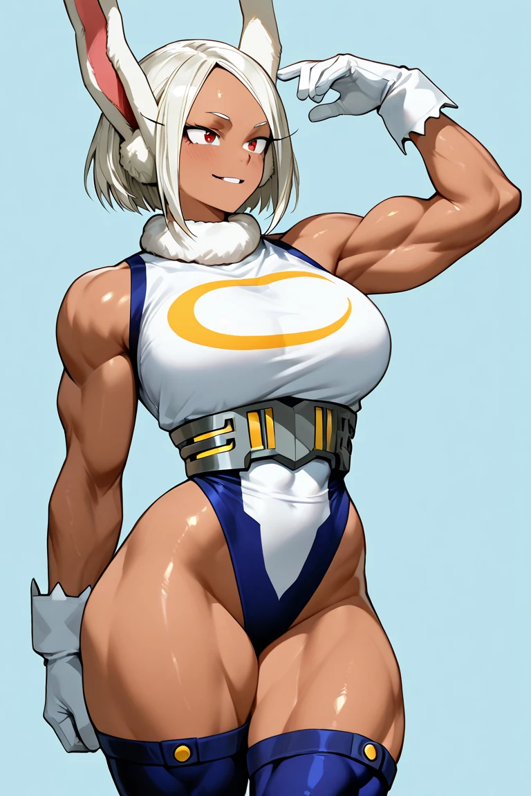 (1 girl muscular) yellow eyes large breasts pale skin skintight thick thick
