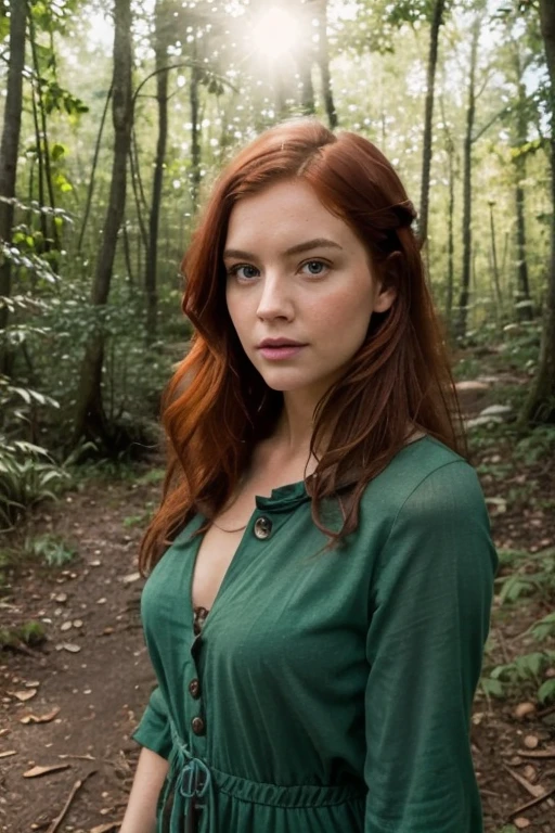 Surreal hyper-realistic featuring dynamic full-length portrait of a red-haired woman with messy hair amidst a forest environment, borrowed from the styles of Jose Royo and Boris Vallejo, texturing influenced by Carne Griffiths with a touch of Wadim Kashin's atmospheric depth and the elegance of Harrison Fishe, while Jeremy Mann's urban sensibilities resonate in detail