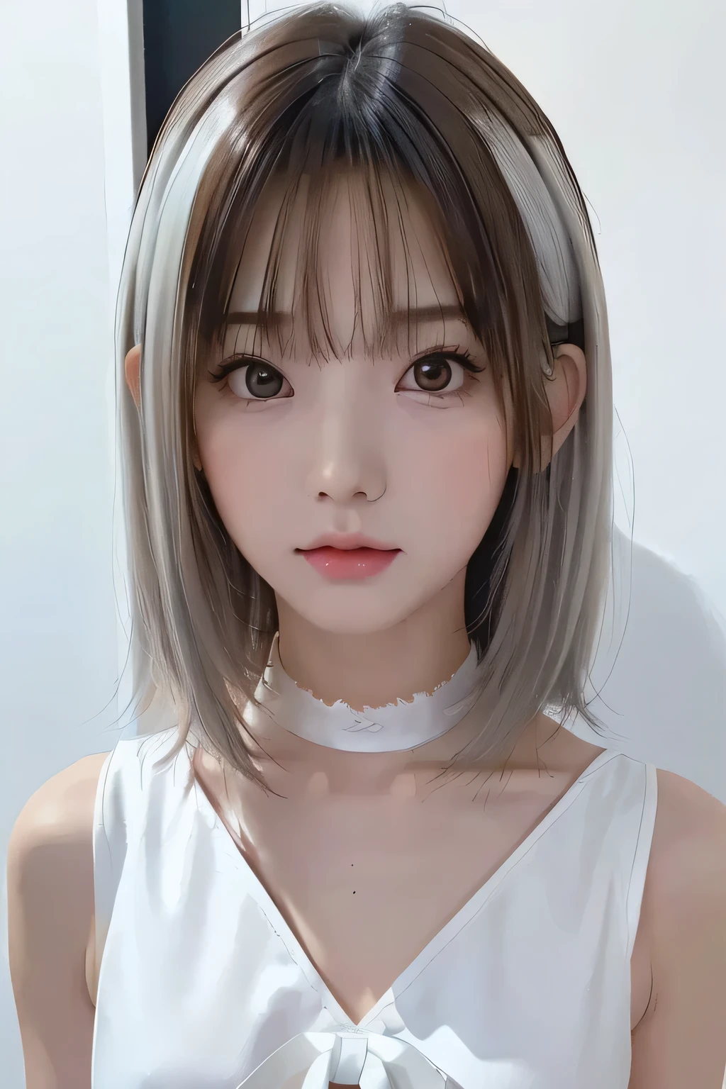 (masterpiece、Highest Quality、super detailed description、Ultra High Definition)、(face shot close-up:1.3)、girl、solo、(slender)、(small chest)、cute、idol faces、brown eyes in the bedroom、 without makeup、(Front Close)、(Professional Lighting and Shadows、silhouette:1.33)、(idol costume:1.4)、choker、(Pure white hair:1.4)、(Baby Face:1.3)