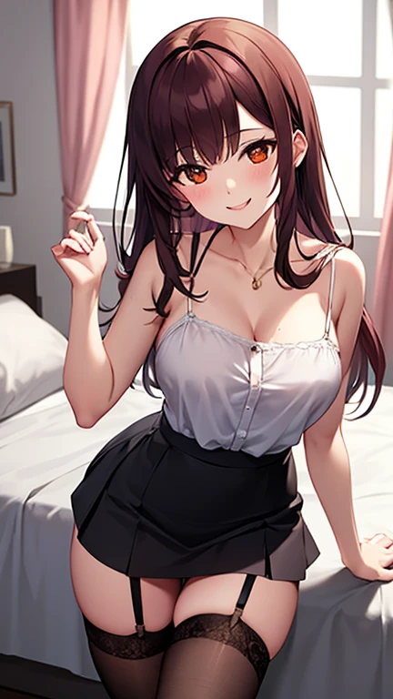 Adult female, Beauty Martial Artist Costume、Long brown hair、Wavy Hair、Brown eyes, lipstick, smile, Tabletop, high quality、Taunt的なポーズ、Lying down、While sleeping、Red and black sleeveless knit、Black jacket、Medium large breasts、Soft boobs、Sexy Underwear、Pleated skirt、Knee-high stockings、High heel boots、Gorgeous earrings、Church of the castle、(Butt sticking out pose),nsfw, nipple, Nipples、R-18、R-18 performance、Lying down、bed、((Very close to the audience))、((The audience is welcomed.))、Taunt、shy、Off the shoulder、Browsing Caution、Real Skin、Big earrings、necklace、Cowboy Shot、((Very close to the audience))、((The audience is welcomed.))、Waiting for a hug、Embarrassed look、shy face、Japanese-style room、Slender body、Very small breasts、美しいNipples、Delicate body、In the changing room、pubic hair、Tier Grant、((One eye is covered with hair))、Sharp eyes、Undressed underwear、masturbation behavior、Masturbation、Put your chest close、