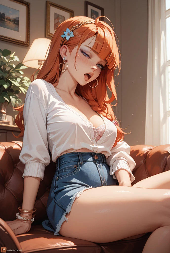 1girl, anime girl, anime, (dark skin), stylish girl, 2d girl, 18y, (fullbody), in bed, anime girl, seductive smile, (orange hair), ((white blouse)), Solo, Slim, Big Breasts, Tight Shorts, low waist shorts, upshorts, sitting on the bed, night background through the window, looking at viewer, (((spread legs))), (((Wedgie))), (((shorts))), (((absurdres))), (((thigh gap))), (((cameltoe))), (((lowleg shorts))),