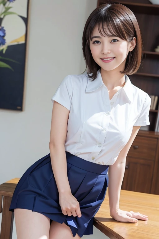 (Highest quality: 1.5), (Realistic: 1.5), (1 person: 1.5), Very detailed, High resolution, 8K,Natural color lips, Cute Smile, Japanese women, 20-year-old girl, Beautiful and elegant features, Perfect and beautiful face, Balanced big eyes, Beautiful and elegant features, Natural double eyelids, Natural Bangs, Beautiful thin nose, Beautiful Skin, Medium Bob Hair , Natural Bangs , Perfect and beautiful face, Slim face and figure, (Looking at the camera with a sweet smile), Bright lighting, Professional Lighting, Forward lighting, Beautiful feet: 1.2, Smooth Skin, Slender body, Slim waistline, slim thin thighs, Cleavage, Detailed clothing, (Short sleeve dress shirt:1.5), (Pleated skirt:1.5), Checkered Pleated Micro Mini Skirt, Short sleeve dress shirt, Ultra HD, Realistic,, Frolic with cats, Playing with cats,Holding a cat, Holding a cat,Pick up the cat, garden,