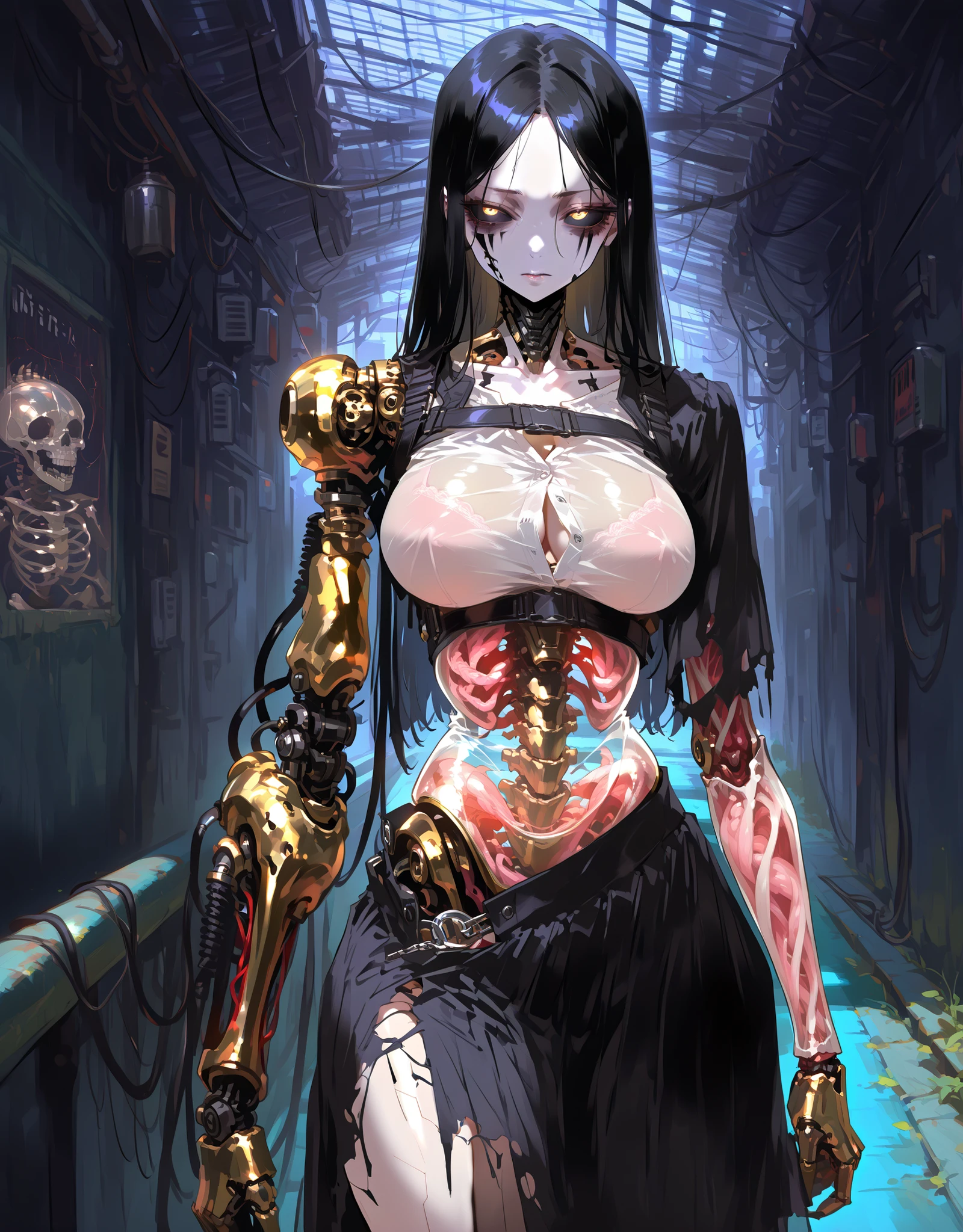 ((NSFW, , best quality, amazing quality, very aesthetic, extremely detailed, intricate details, minute details, detailed background, dramatic cinematic lighting:1.4,incredibly_absurdres, hard light:1.4, masterpiece 8k, vivid colors, rich palette, score_9, score_8_up, score_7_up), bridge, buildings, metal walls, metal roof, Cyborg\(solo, long hair, straight hair, black hair, pale skin, bags under the eyes, parted bangs, big breasts, yellow eyes, black sclera\), gothic style, biomechanical elements, goth, goth look, monster girl, segmented limbs, robot joints, cables and mechanical components, humanoid robot,ciborg,biocyborg, flesh body, visible skeleton, transparent_body, see-through_body, 4 eyes, abo, horror, collarbones, black facial marks, flesh combined with technology, white flesh, cibernetic arm,metal skeleton fused with flesh, unbuttoned silk skirt, black skirt, torn skirt, harness