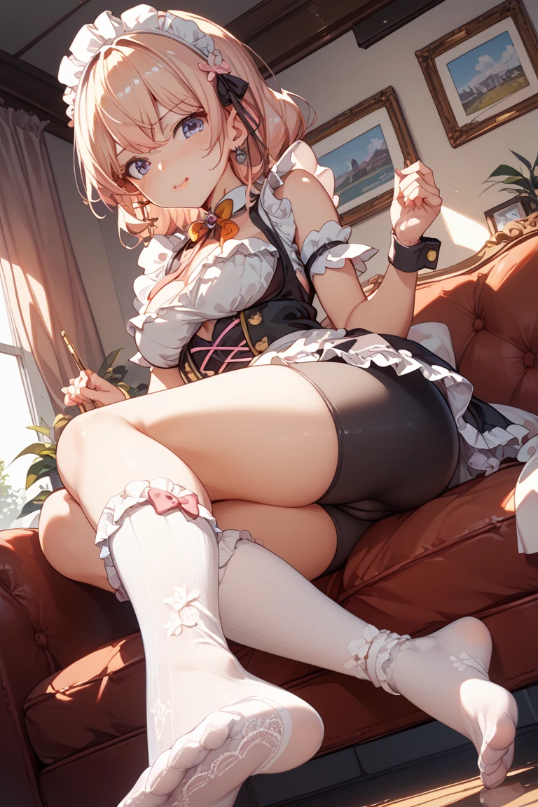 (((Horse Girl))), (((Fine Motion))), Thighs, sitting on a luxurious red sofa, (((Panties are slightly visible))), smile, Dress like a young lady, (((Sexy panties with green embroidery))), High resolution, Spreading legs,
