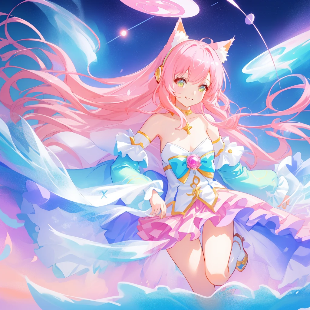 Fluttering and rainbow long hair，Iridescent and rainbow，beautiful detailed starry sky，(glitter effects:1.3)，(glitter effects:1.3)，(((Daisaku))，(((Need))，((Super meticulous))，(illustration)，(Detailed light)，((Extremely delicate and beautiful delicate eyes)，1little girl，fox ear，,A cute look,starryskybackground,Thin,Over-the-knee stockings，a flat chest，happy laughing，Exposing panty