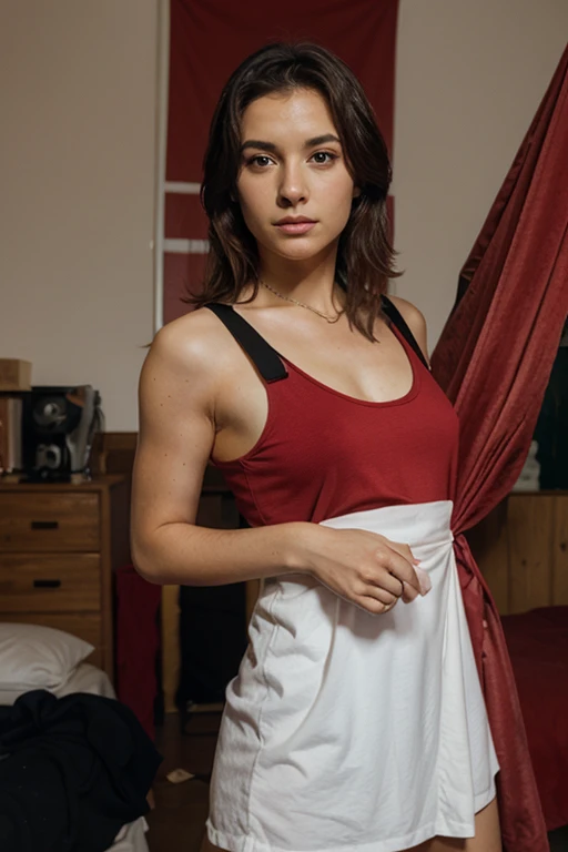 Jennifer Connelly dressed in red overalls