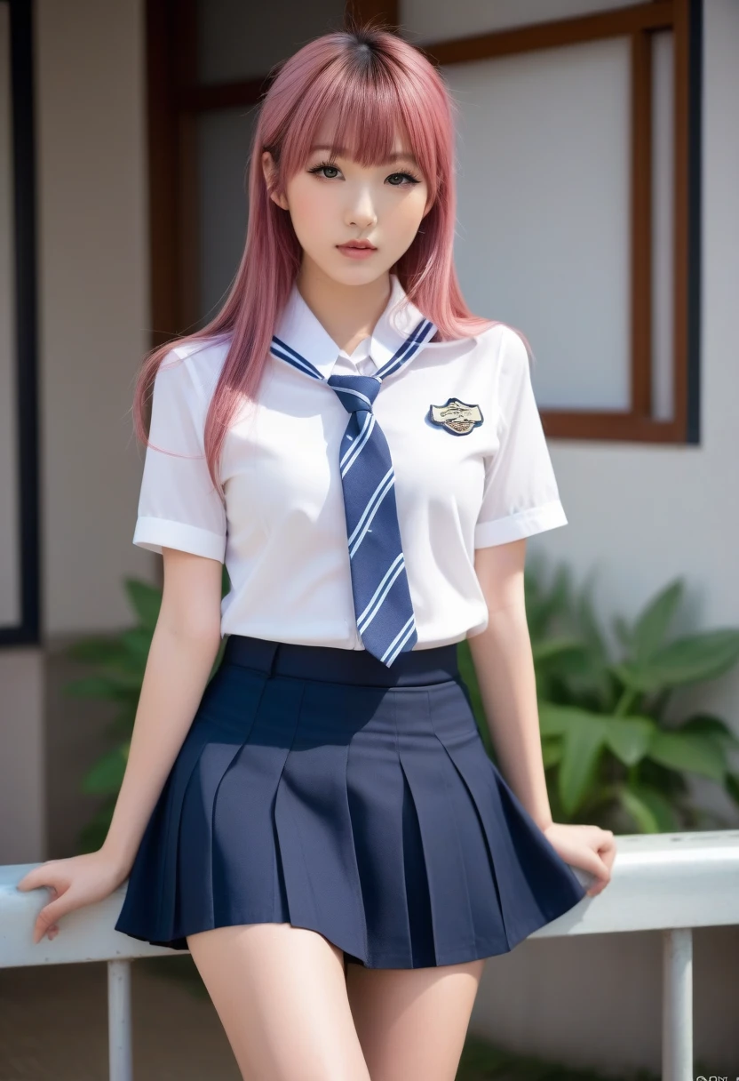 Hot girl, pink hair, blue eyes , sexy, school clothes, mini skirt