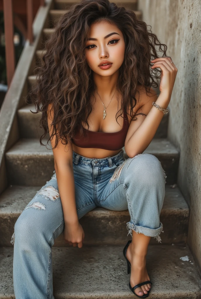 25 year old woman, brown, tall, ultra resolution, 4k, transparent white t-shirt and shorts, ultra resolution, 4k, medium breasts ultra realistic, red curly hair, on a swing in the park, ultra realistic, 8k