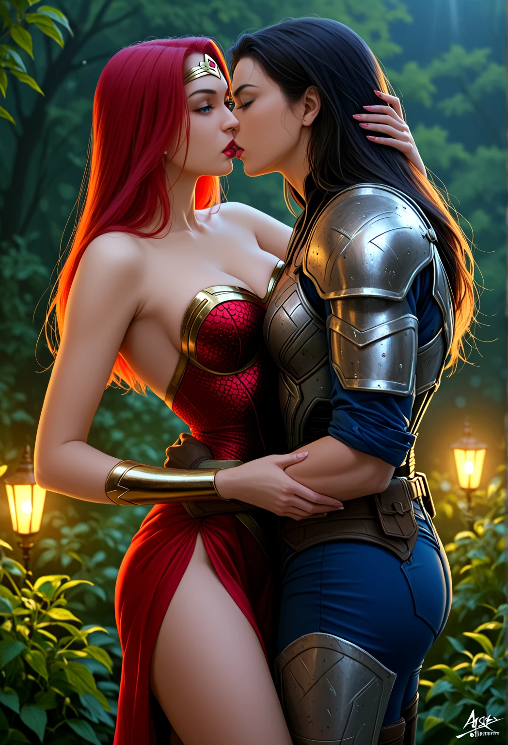 (Masterpiece, highly detailed, highly quality, highly resolutions), fantasy alley, Boy and girl kissing, hug, kiss (pov on side) {{1boy, 20 years old boy, mage, shirtless boy, navel, muscle, Sleeves, cape, shoulder pads, Blonde hairs}}, {{1girl, 20-year-old girl, crop top, navel, fox ears, red hair, Armor Shoulder pads, sexy}}, The boy is making out on a girl, girl seducing the boy,
