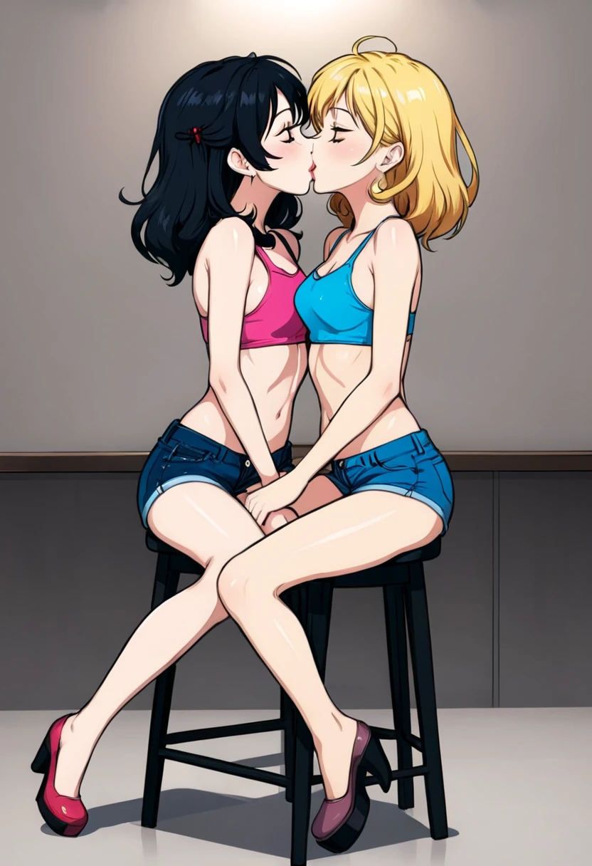 score_9, score_8, score_7, score_8_up, score_7_up, score_6_up, 2girls, (((xgix,black hair,bob cut,blunt bangs,brown eyes,lipstick,bracelet, tank top, belt, brown shorts, small breasts))), (((xlinkax, blonde hair, ponytail, blue eyes, medium breasts, tank top, belt, brown shorts))),   lies on floor, by wooden bench, sunshine, hugging, kissing, grab breasts and ass, covered nipples, french kiss, saliva , seductive, blushing, aroused, side view, 