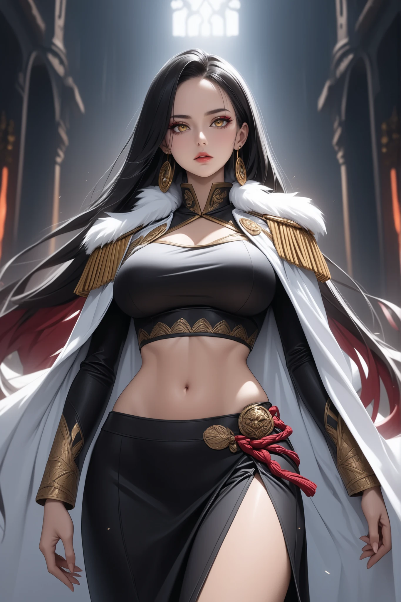 ((extreme quality)), ((Masterpiece)), (( Enrich the picture, Masterpiece level quality)), boa hancock, black hair, long hair, large breasts , golden eyes , extreme eyes details, fierce woman, raw 4k, perfect proportions , extreme hair detailed, extreme cloth detailed, extreme detailed , extreme background detailed, Movie scene, Realistically, Extreme Realistically, extreme resolution, ((great effect to highlight the subject)) , ( cinematic lighting , moody , textile shading) , perfect proportions , extreme detailed , volumetric lighting , soft lighting , glossy skin, glossy hair, beautiful face , extreme face details, Detailed facial features , Long eyelashes, Incredible atmosphere, Fascinating setting, dynamic pose, red eyeliner, ear rings , very sly face, white cape, epaulettes, navel, crop top, side slit, long sleeve,