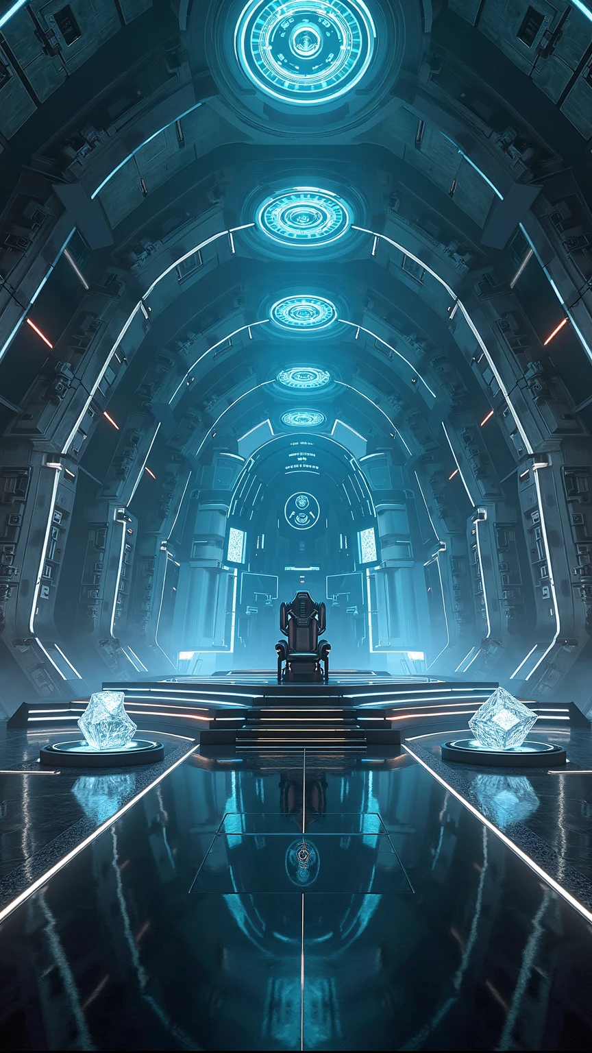 An expansive futuristic cybernetic control chamber with high-vaulted metallic walls clad in dark brushed steel panels intricately etched with glowing neon-blue circuit tracings and luminous geometric panel lines, interspersed with recessed holographic display windows projecting floating data streams, accented by slender illuminated hexagonal pillars rising to a segmented vaulted ceiling featuring concentric neon rings pulsing in rhythmic waves; the polished black glass floor forms a seamless reflective surface mirroring the overhead grid and intersecting laser-thin light beams in patterns of electric cerulean and cyan, leading toward a central command dais hosting an angular throne-like control console with articulating mechanical arms, transparent touchscreens framed by luminescent borders, and an imposing high-backed seat outlined in neon contours; on either side, tiered platforms display minimalist wireframe sculptures of polyhedral shapes and rotating holographic cubes levitating above illuminated pedestals, each casting subtle halo glows into the surrounding mist; captured as an ultra-high-definition 8K digital painting medium rendered in a cinematic photorealistic style, composed in a symmetrical full-frame 16:9 aspect ratio with a low-angle perspective to emphasize scale, illuminated by crisp neon rim lighting defining every edge, supplemented by ambient backlighting diffused through atmospheric fog, enhanced by specular highlights dancing on metal surfaces, gentle lens flares at bright nodes, slight chromatic aberration along peripheral gridlines, high dynamic range transitions from deep shadowed charcoals to vibrant neon highlights, layered with micro-details of rivets and cable conduits, evoking a mood of precise technical authority and awe-inspiring futuristic grandeur.