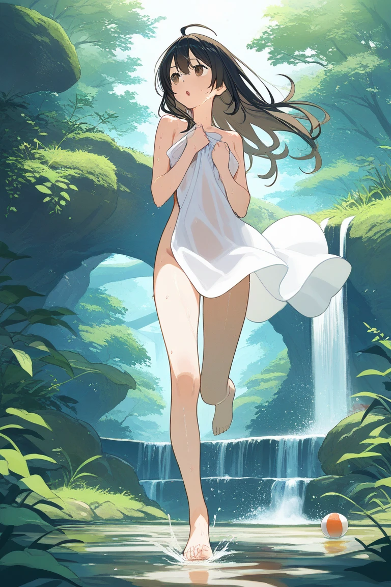 anime style, best possible quality, woman about 25 years old, naked, brunette, long dark brown hair curly in the wind, brown eyes, perfect body, perfect medium-sized naked breasts, slightly larger brown nipples, pubic area with hair, walking on a trail through the forest vegetation, near In the background we see a lake and waterfall, some rocks, sunny day
