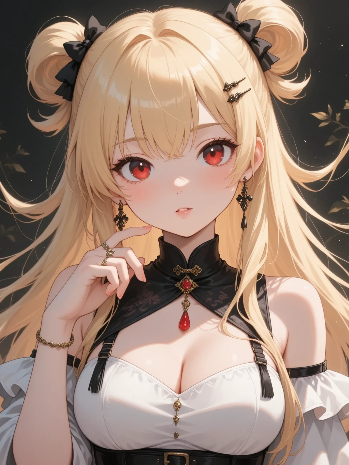 one girl、unparalleled beauty、cute face、ruddy face、fine eyes、(((vampire、deep red eyes、black lips、Expressionless)))、dark fantasy、Drifting eroticism、bun hair、blonde、Classy dresses、small breasts、ancient city、dark drawing room、Luxurious ornaments、dark lighting、dark lighting、masterpiece、highest quality、super resolution、best image quality、Super detailed、