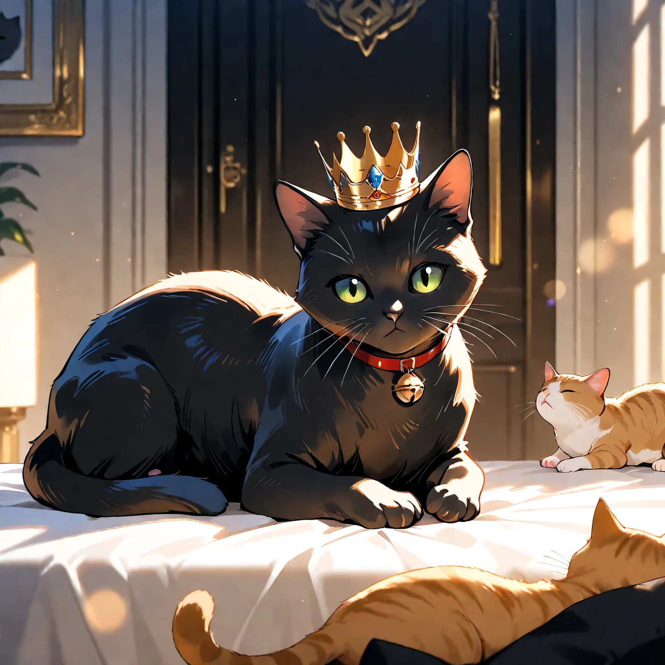 (masterpiece), (best quality), (ultra-detailed), cat, King of Cats, crown, Cat Kingdom, cat focus, no human, relaxing, cinematic lighting, 
