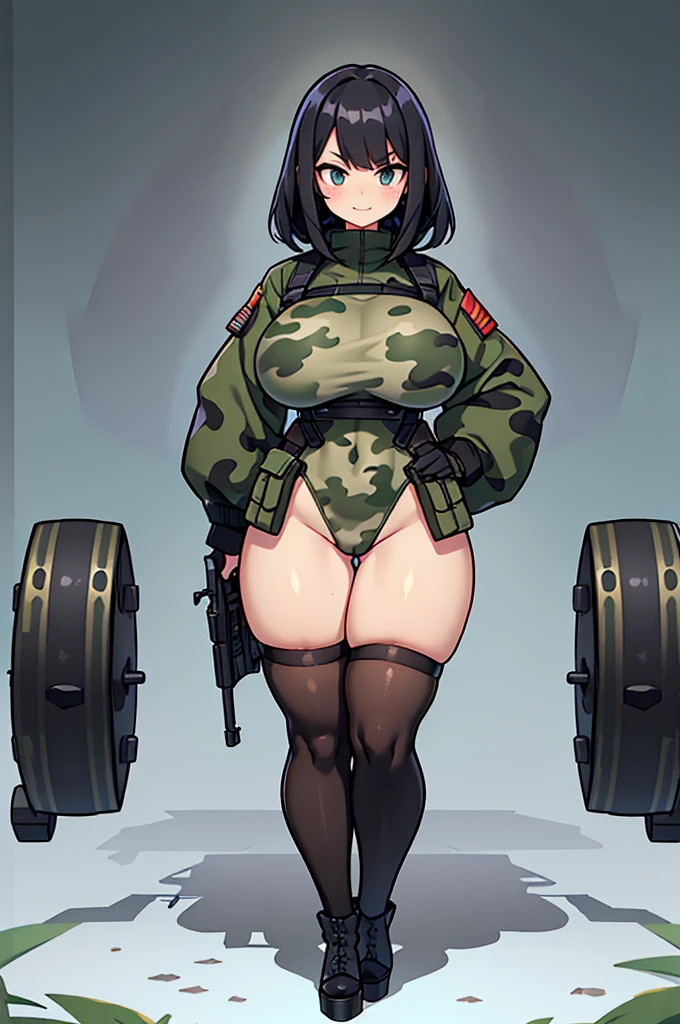 Angry look, scream, Open mouth, young girl, Pullover, whole body to see, pigtails hair, (( very wide hips)), (((colossal Thighs, gigantic thighs, very huge thighs, very big thighs))), fullbody, platform heels, pale skin, very Big breast, gun, soldier girl , full body, military camouflage, high cut leotard, cyberpunk, profile shot,