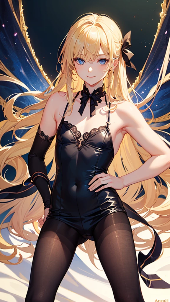 A girl is modeling, lingerie show, lacy garment, strutting down the catwalk, cowboy shot, under the dazzling runway lights,
looking at viewer, light_smile, solo,
asuna ba, light_brown_hair, halo, long_hair, blue_eyes, very long hair, hair over one eyes,
 (open_clothes, partial_nudity)