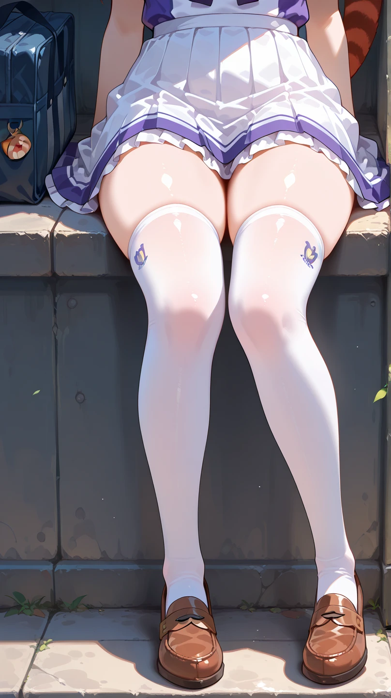 (realistic, photo realistic:1.2), ((highest quality)), move the center of gravity backwards, pretty embarrassing, kazami kazuki, silver hair, long hair, red eyes, , black bow, white kneehighs, white panties, (show panties:1.4), (Panty shot:1.3), (pull up the skirt:1.3), (lying down on ground:1.4), put the heel on the ground, spread legs, knees up, Attach your ass to the ground, beautiful face details, real human skin, gentle expression, Front view, angle from below, realistic, photorealistic, squat deep on school grounds, whole body, From before, from below