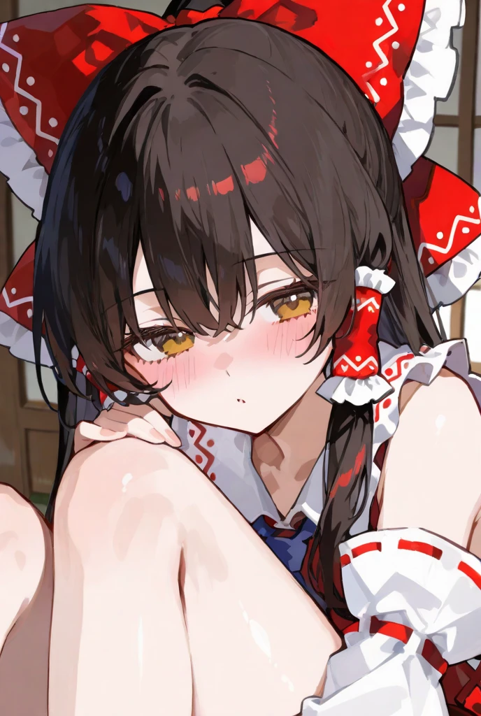 alone, One girl, Happy Face 、View your viewers, Crown braids in the same color as your hair, hair ornaments, Hair Ribbon、Black Hair、Red Eyes、(blush:1.8)、bed、(On all fours:1.2)、(naked:1.2)、Mouth slightly open、(Sweat)