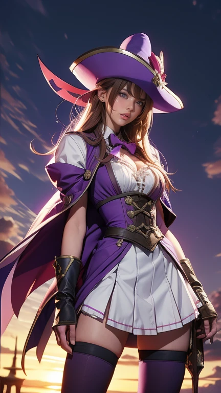 masterpiece, 32k uhd best quality, highly detailed, 1 girl, solo, giclorinde, purple eyes, big breasts, hair between eyes, long hair, dark blue hair, earrings, black skirt, miniskirt, pantyhose, purple ascot, purple capelet, black corset , black pantyhose, black skirt, white gloves, hat, tricorn hat, in fontaine.
