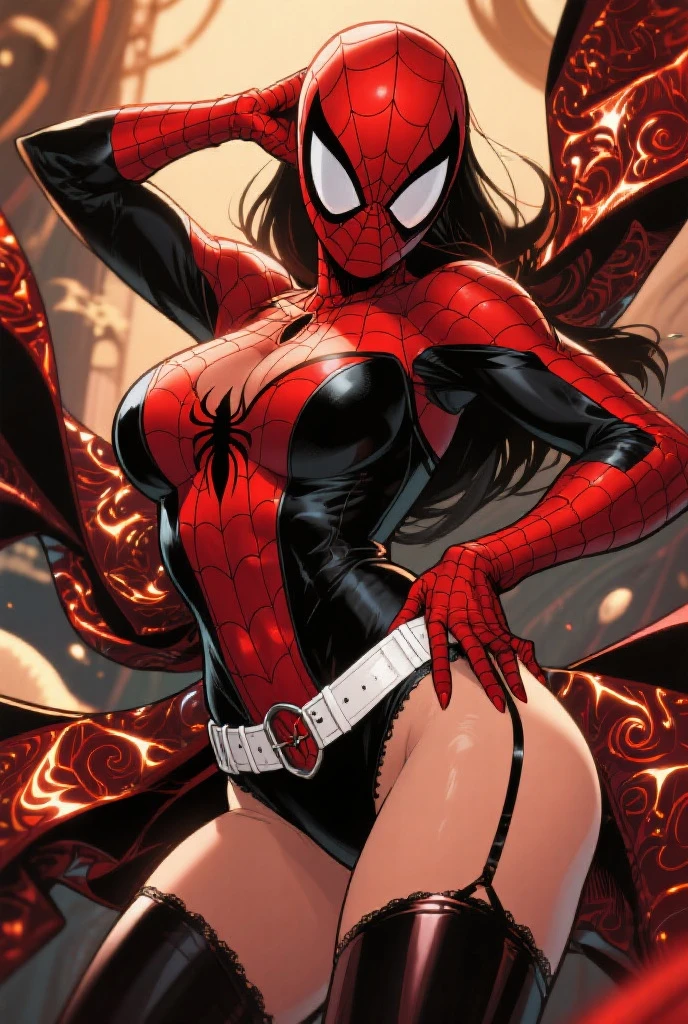 Natalie portman、Sticking out the navel、newyork、She wears a torn Spider-Man suit,wearing skirt、 Red and black color scheme,Dynamic、masterpiece、top-quality、ultra-detailliert、ighly detailed、beautiful detailed brilliance、超A high resolution