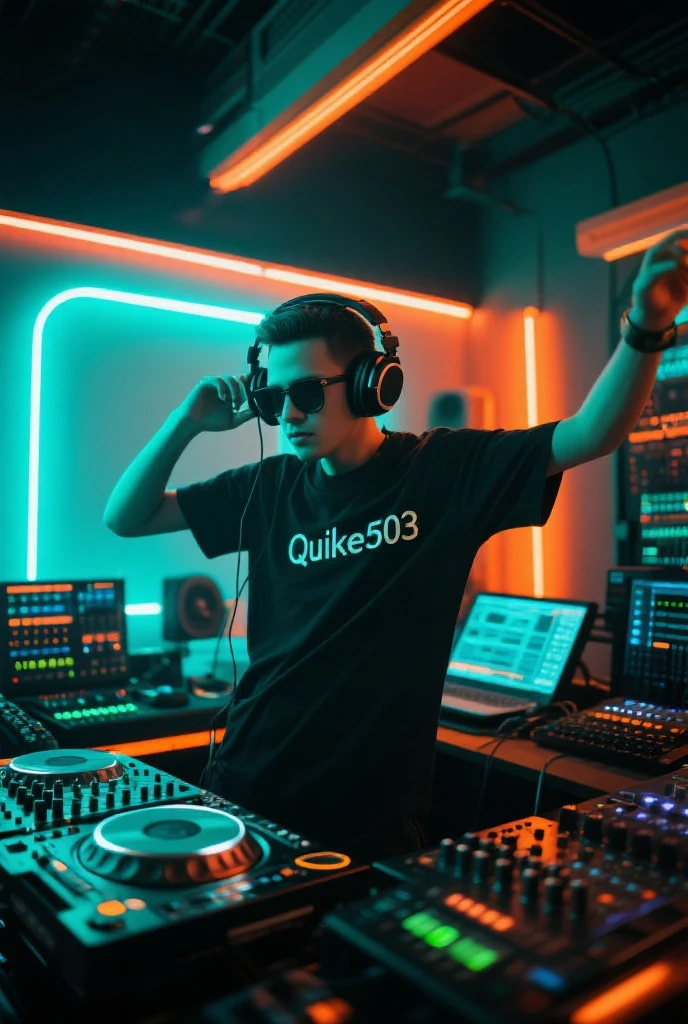 rave party, PEOPLE DANCING, Dj man 25 years old, glad, big headphones, with dark blue glasses, putting sound, ultrarealistic