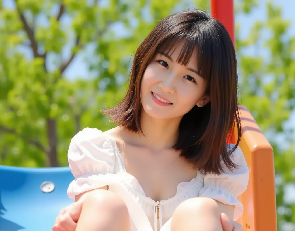 A white, childlike top, White pleated skirt, A Japanese person squatting on the grass, Front angle of the body,Cute and slim Japanese model, young and thin, Blushing, smile, High resolution, bangs, Black Hair,Close your mouth, masterpiece, 最high quality, High-resolution model, high quality, High detail, Textured skin, Ultra high definition, short hair, Cleavage,Simple Background, 8k octane, 3D Rendering, realism,