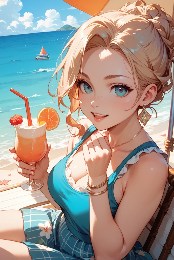 8k、RAW Photos、Highest quality、Super detailed、Super Resolution、Ultra HD、8k wallpaper、Amazing detailaldives beaches、White micro bikini swimsuit、Drink a cocktail、blue sea、Blue sky、Palm tree、Blonde、Floating Hotel、smile
