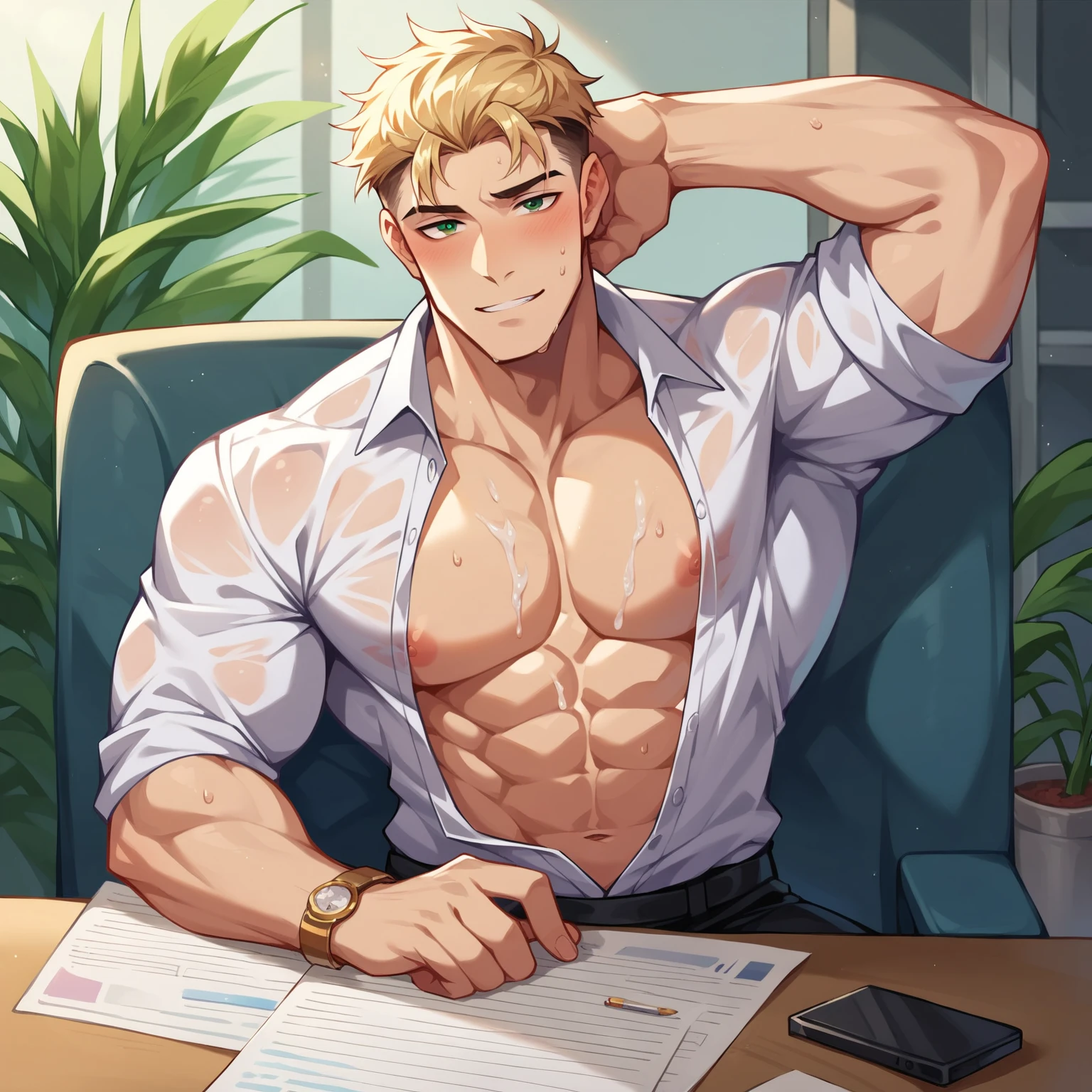 A man. man focus, torn office outfit, bare chest, can see from the waist up, muscle, muscle body, Curly hair, light blond hair, gratitude, gratitude face