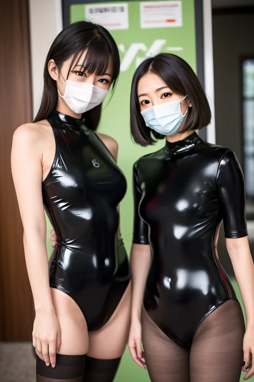 Japanese,(realisitic, Hi-Res: 1.4), 2 girls, (Natural light), (more face, more hair, More skin), (Middle chest), slender,mid-waist,(black leotard:1.2),(Evil pattern:1.3),(pantyhose:1.3),(arctic helmet:1.2)