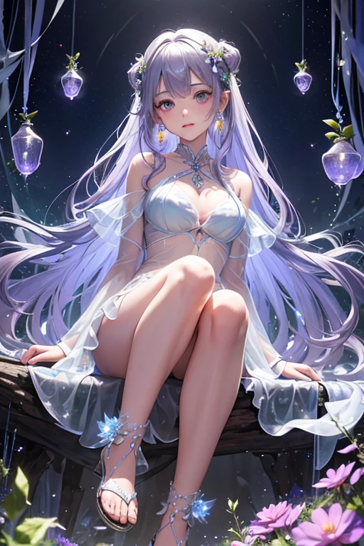 goddess of magic, a cute, short, thin physique young girl. striking beauty. violet eyes. platinum pinkish blonde long hair. pink victorian dress with crystals, crystals.