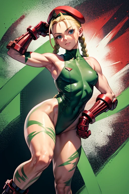 ((((masterpiece, best quality)))), ((34 year old)), (((Curvy))), ((Cammy from Street Fighter)), pulling out ((green high cut leotard)), (((Wedgie))), (red combat bracers), green camo leg-paint, (((Big butt))), (standing in a hangar), (((realistic art style)))