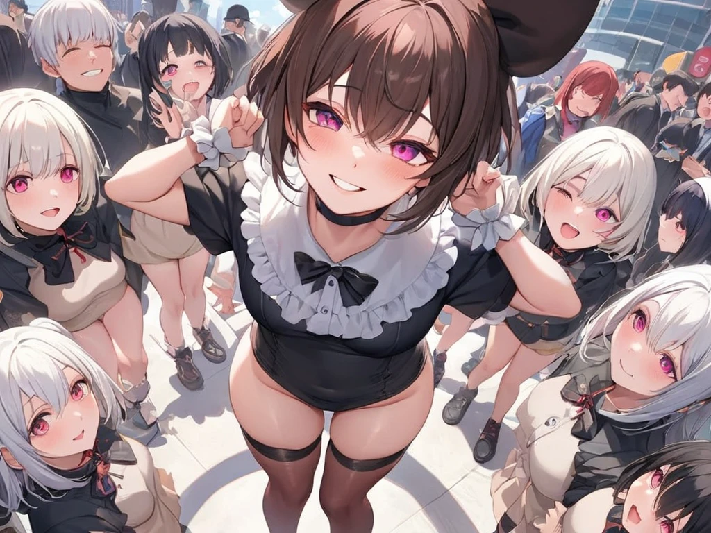 masterpiece、An illustration、1 Girl、Black short bob、Bunny Costume 、Erect nipples、(very good:1.2)、Surrounded by a few guys、Having multiple men hold her breasts from behind、(Her breasts are supported by several men:1.5)、the body is wet with sweat、Lewd face、Embarrassed look、Grinning face、in the train、Sit with your legs apart、View from below