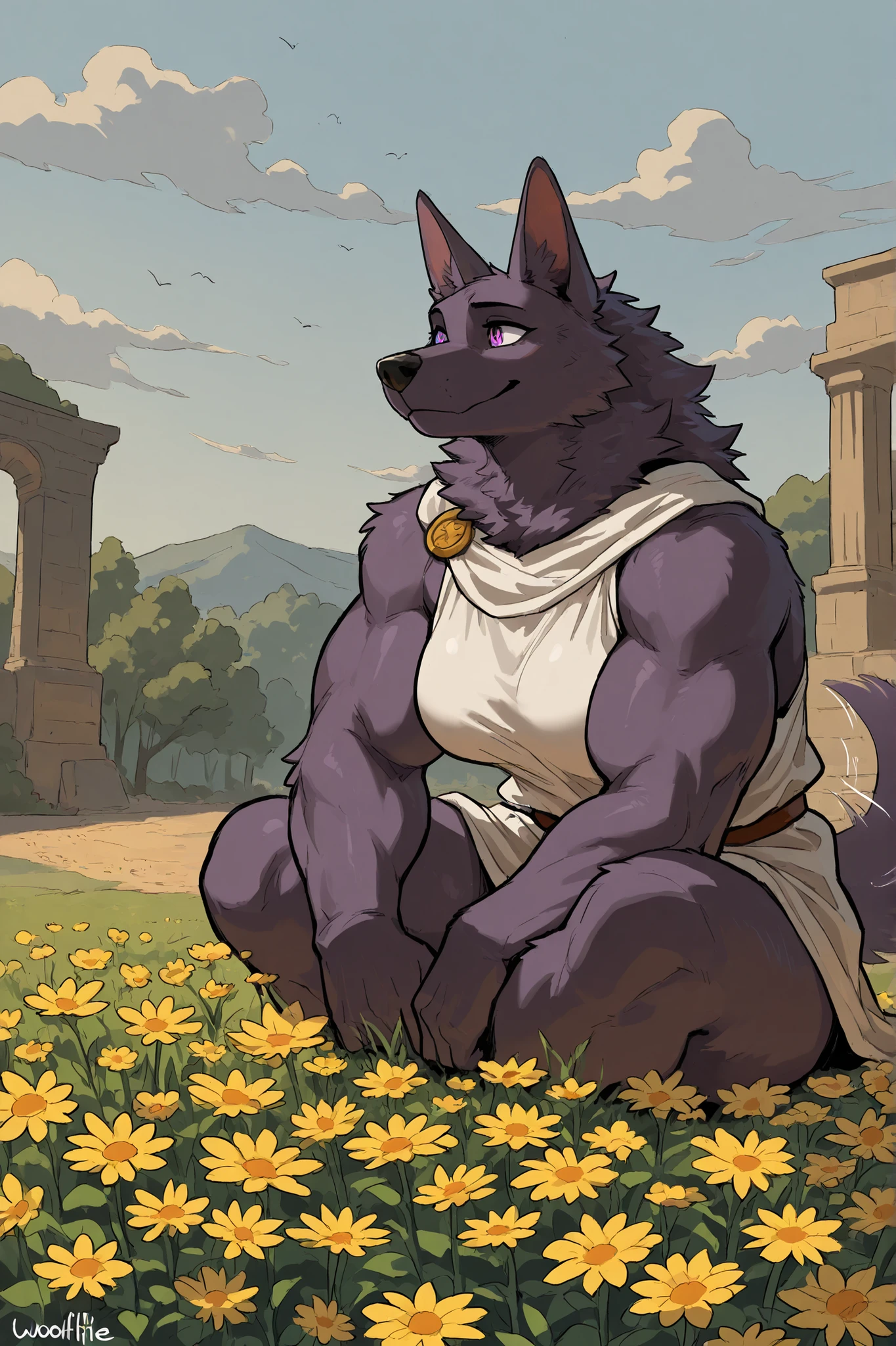 score_9, score_8_up, score_7_up, score_6_up, masterpiece, best quality, amazing quality, , hard dog, in ancient Rome, roman clothing, very aesthetic, surrounded by wildflowers, looking at wildflowers, absurdres, newest, scenery, (heartless, muscular, anthro, dominant, lost in thought, big muscles, 1female, solo, roman garbs, joyful, anthro dog, anthro german shepherd, closed Mouth, happy, tale wag, wagging tale , monster dog, purple fur, detailed eyes, smith, (sharp teeth), (by woolfie:), roman attire, , 