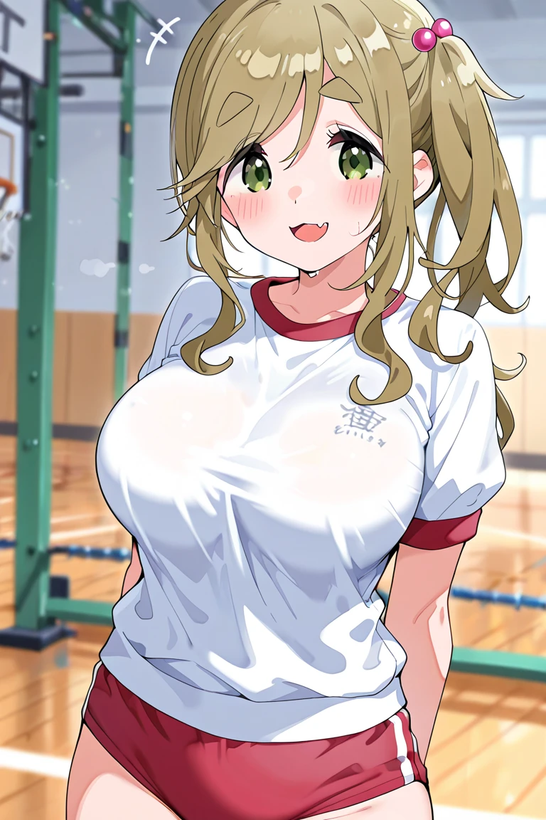 ((table top, highest quality, High resolution, nffsw, perfect pixel,  4K, nffsw, nffsw))), 1 girl, single, alone, beautiful woman、30 years old、I could see the whole body、 ((beautiful hair、semi-long)), ((blue eyes, beautiful eyelashes, realistic eyes)), ((detailed face, blush:1.2)), ((smooth texture:0.75, realistic texture:0.65, realistic:1.1, Anime CG style)), big breasts, ((full body shot))、 slender body,  ((Gym Uniforms、navy blue bloomers、volleyball clothes))、playground、sexy pose、physical education sitting