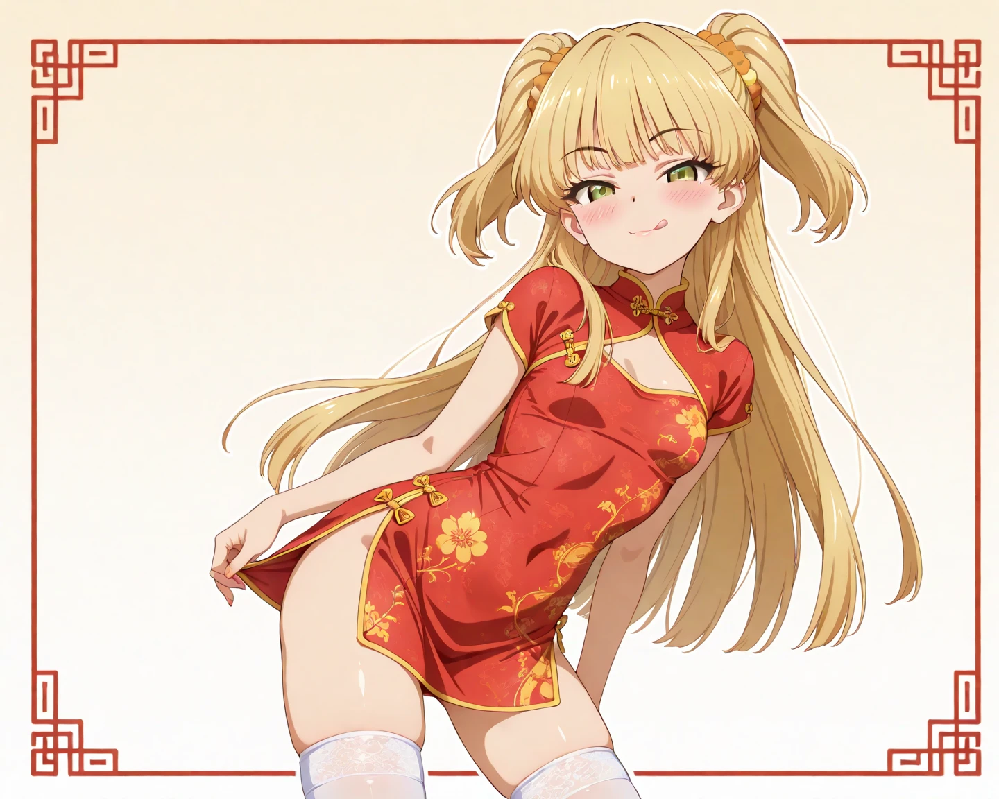 high resolution,smile,woman,woman1人,adult,cute, Medium Hair, Blonde Hair,Two buns,BREAK,Brown eyes, Red sleeveless cheongsam,BREAK,Facing forward,BREAK,Background white,