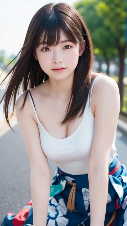 (goddess-like happiness:1.2), Kpop idol, Koean mix, (RAW photo:1.2), (photorealistic:1.4), (masterpiece:1.3), (intricate details:1.2), delicate, beautiful detailed, (detailed eyes), (detailed facial features), ((student uniform:1.5)), tall female, petite, small breasts, narrow waist, skin tight, (looking_at_viewer), from_front, big circle earrings, slim_legs, (skinny), (best quality:1.4), (ultra highres:1.2),(dynamic pose:1.2), cinema light, outdoors, (extreme detailed illustration), (lipgloss, eyelashes, best quality, ultra highres, depth of field, caustics, Broad lighting, natural shading, 85mm, f/1.4, ISO 200, 1/160s:0.75)