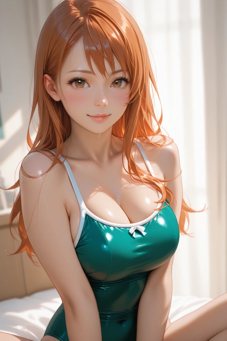 (masterpiece), best quality, expressive eyes, perfect face, highres, 1 girl, solo, yuigahama yui, short hair, (brown eyes:1.5), (orange hair:1.2), hair bun, single hair bun, (red blouse), sleeveless, white bra, white skirt, ankle strap heels, (black heels), mall indoor background, hall mall, depth of field, smiling, standing, ful body portrait, looking at the viewer, from above