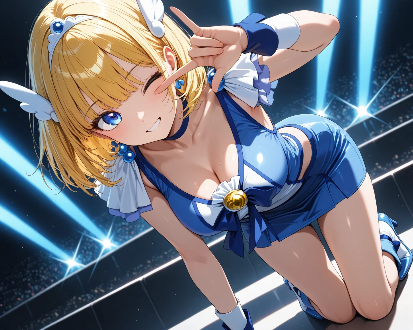 Modest, Shy, Infinitely cute and beautiful, sporty figure, pumped up athletic girl ; Blonde with short hair, with small neat elastic breasts; with protruding muscles; big eyes, long eyelashes, Happy, joyful smile, looking at the camera, Silk absolutely white ballet swimsuit without colored inserts, stretching, ballet steps (arabesque plie); An alluring hand gesture to the audience, performing on stage, The spotlight is aimed at her (In the circle of light), Focus on that; full body photography, A little further away, Anatomical realism, higly detailed, high quality textures